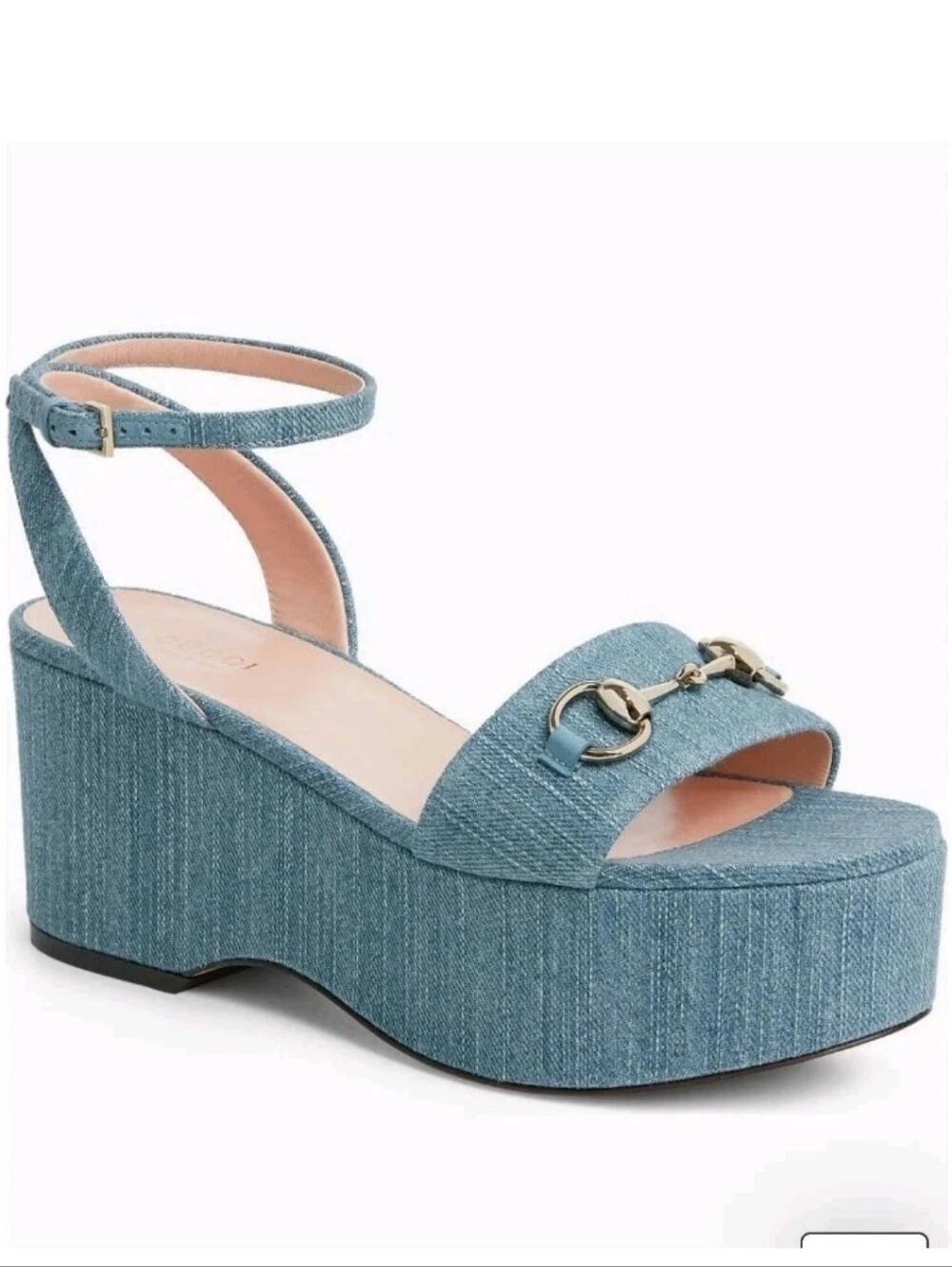$1,030 Gucci Lady Horsebit Denim Platform Sandal EU 38.5 US 8.5 BNIB